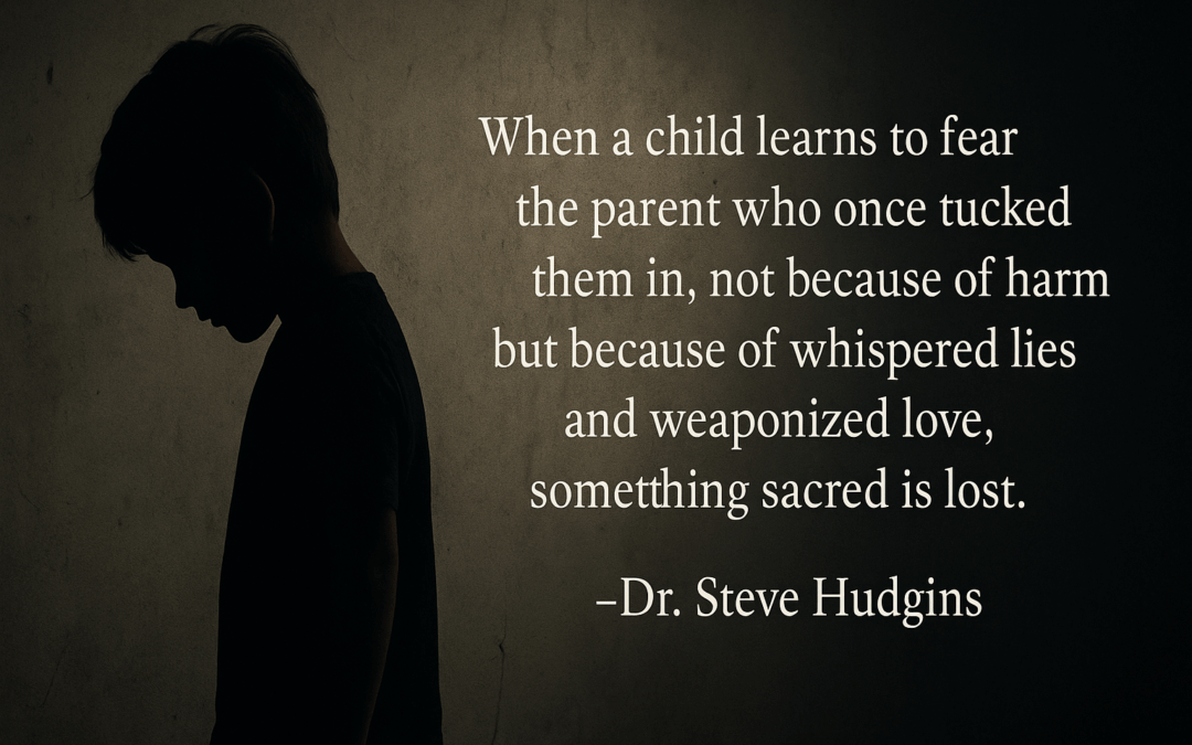 Silhouette of a sad child against a dark background with a quote about parental alienation by Dr. Steve Hudgins.