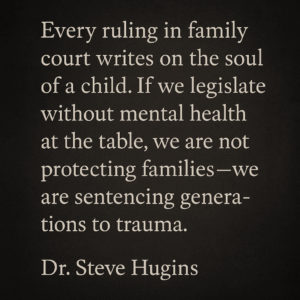 A dark textured background with a bold white serif font displaying a quote: “Every ruling in family court writes on the soul of a child. If we legislate without mental health at the table, we are not protecting families—we are sentencing generations to trauma.” At the bottom, the attribution reads: Dr. Steve Hudgins.