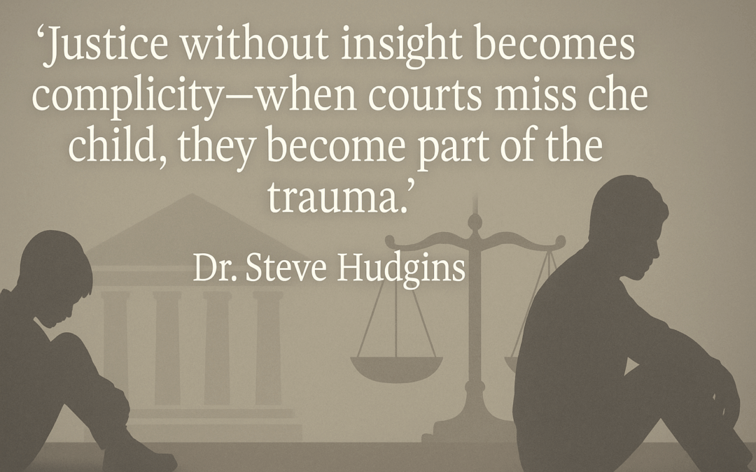 A digital advocacy graphic featuring the quote “Justice without insight becomes complicity—when courts miss the child, they become part of the trauma.” by Dr. Steve Hudgins. The background is dark and solemn with a faded image of balanced scales of justice behind the text, symbolizing fairness and legal authority.